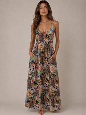 Tropical Leaf Print Maxi Dress S-L Linen Blend Beach Cover Up